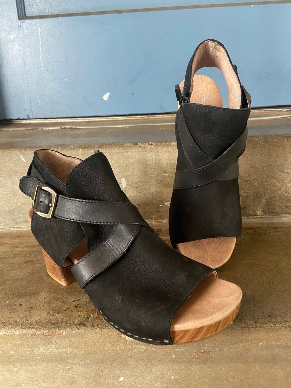 Dansko Arlene black block heel sandal with buckle detail-size 38